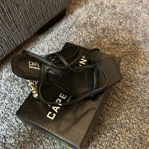 Size 8.5 strappy black sandals with gold heel